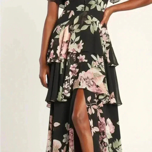 Lulus Feeling Cherished black Floral Ruffled Wrap Tiered Maxi Dress - Picture 4 of 15
